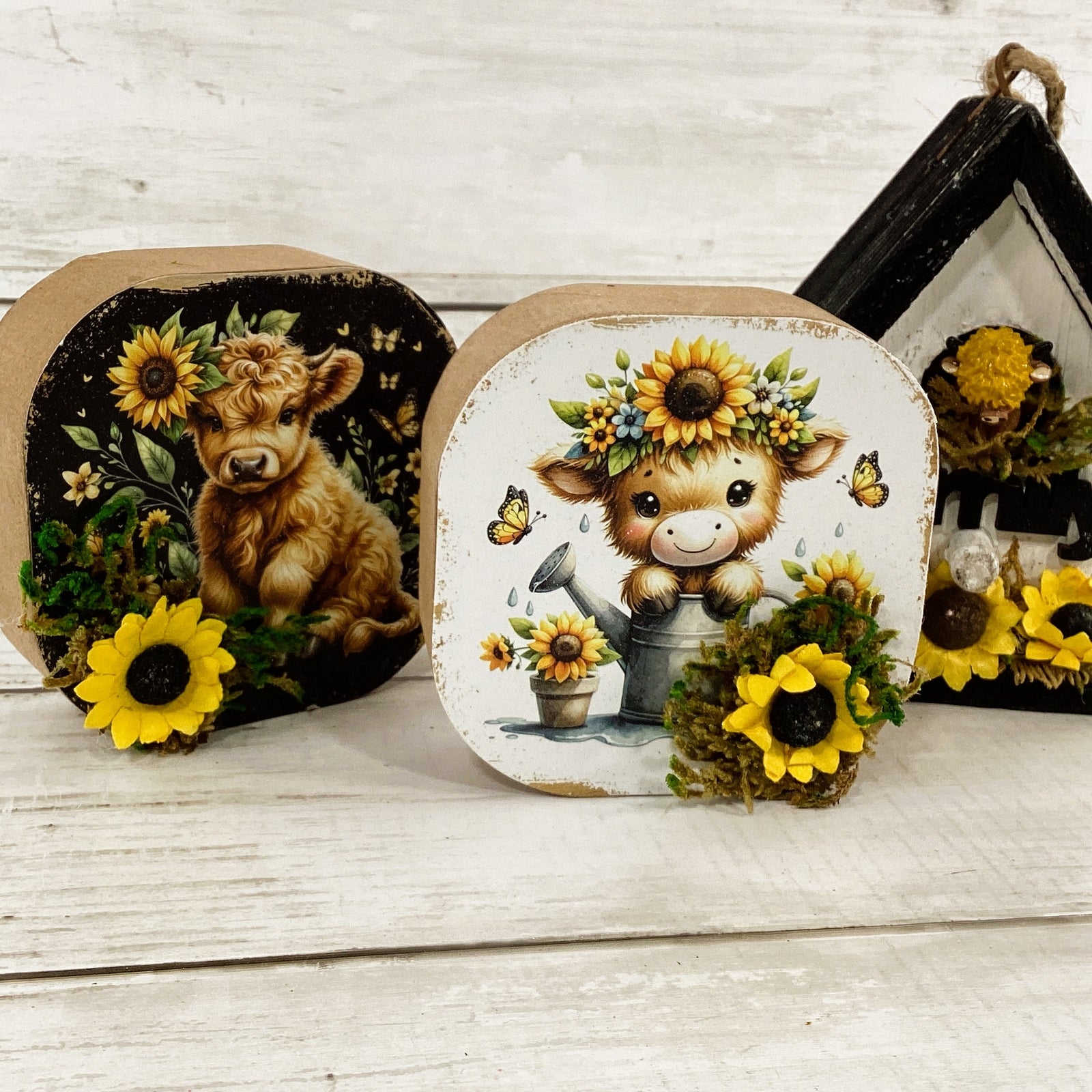 AGD Spring Decor - Sunflower Bird House Highland Cow Tier Tray 3pc