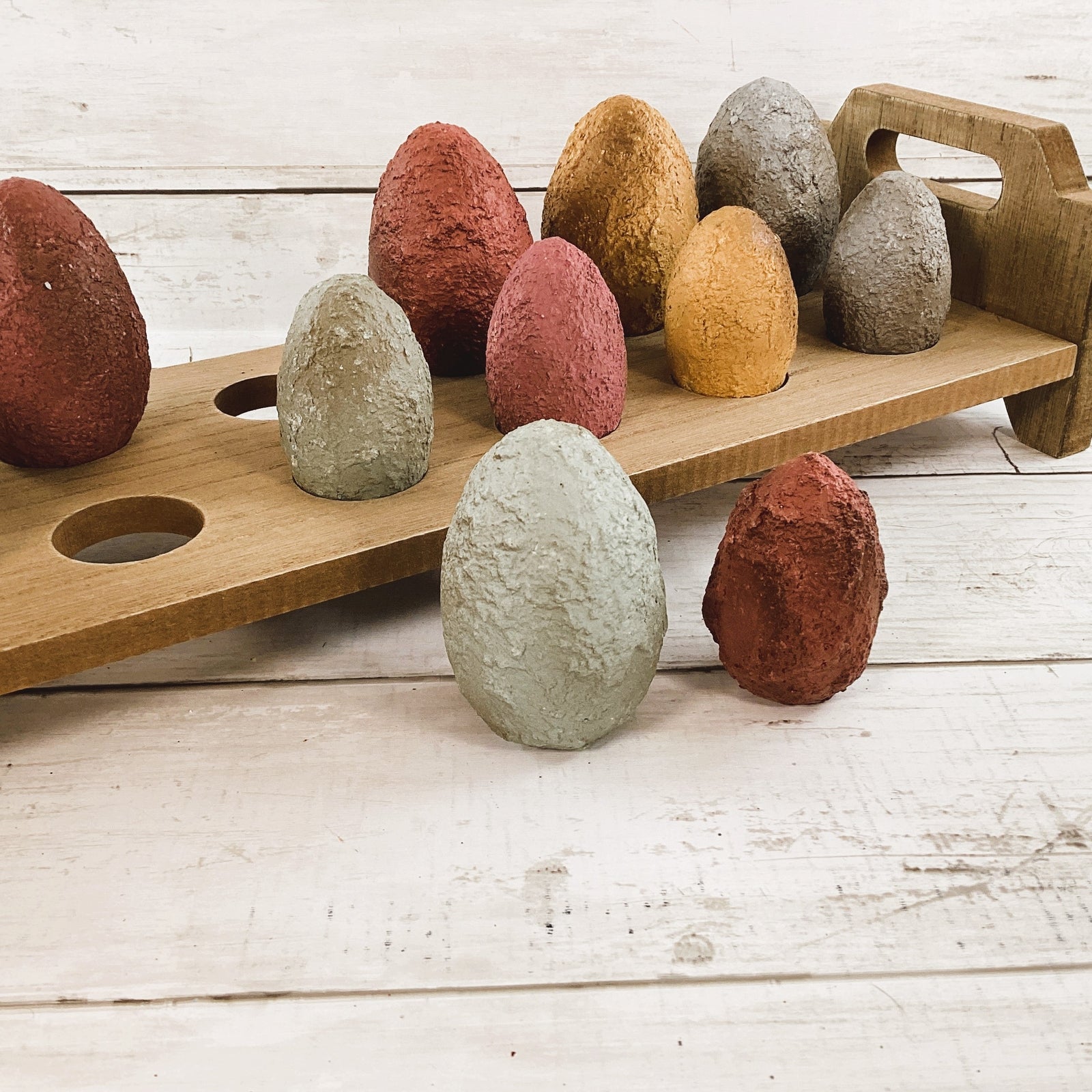 AGD Easter Decor - Farmhouse Wood Eggs with Brown Egg Stand Holder