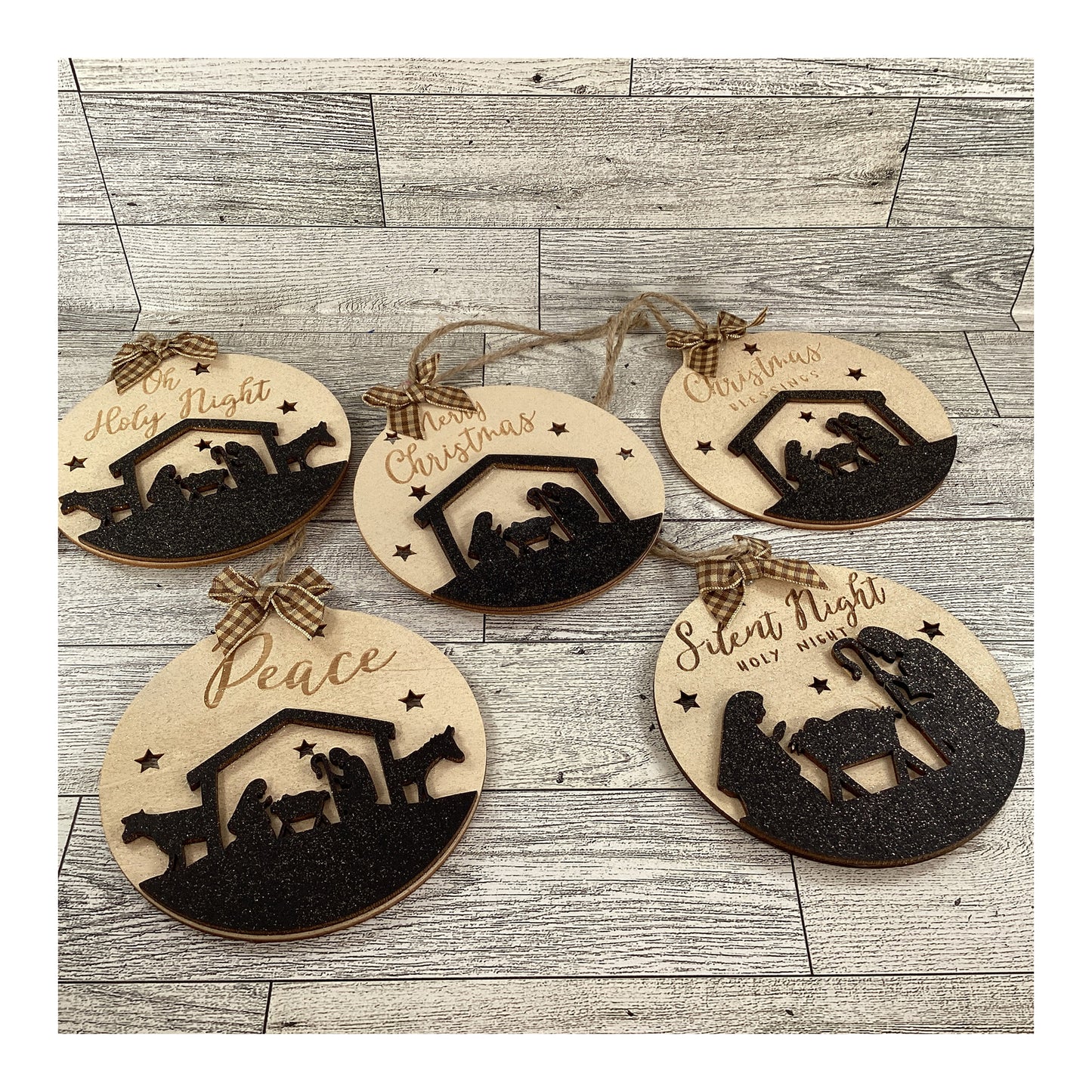 AGD Christmas Decor -  Silhouette Nativity Manger Layered Wood Ornaments 12pc