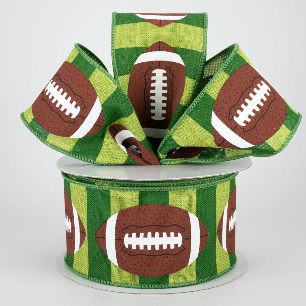 Fall Craft Supply Wired Football Green Stripe Canvas Ribbon 2.5-inch 10yd Roll