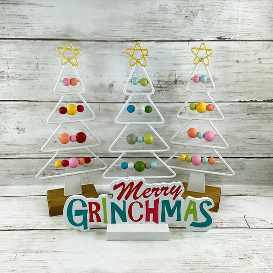 AGD Christmas Decor - Bright Green Grin-Monster Bead Wire Tree 4pc Set