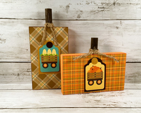 AGD Fall Decor - Chunky Wood Harvest Apple Pumpkin Wagon Signs 2pc