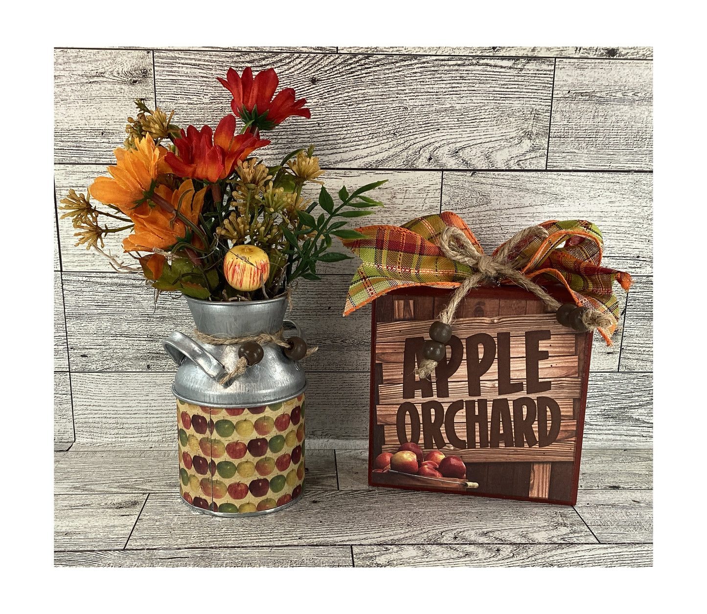 AGD Fall Decor - Apple Orchard Sign Floral Milk Can 2pc Set