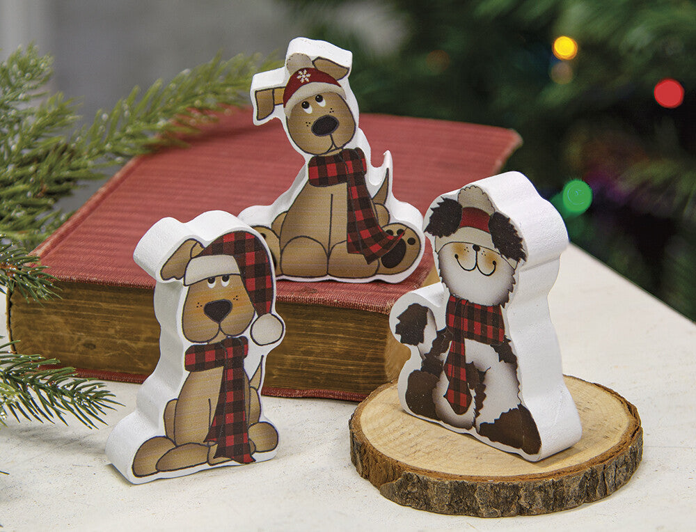 CWI Christmas Decor - Cute Chunky Wood Puppy Dogs 3pc Set