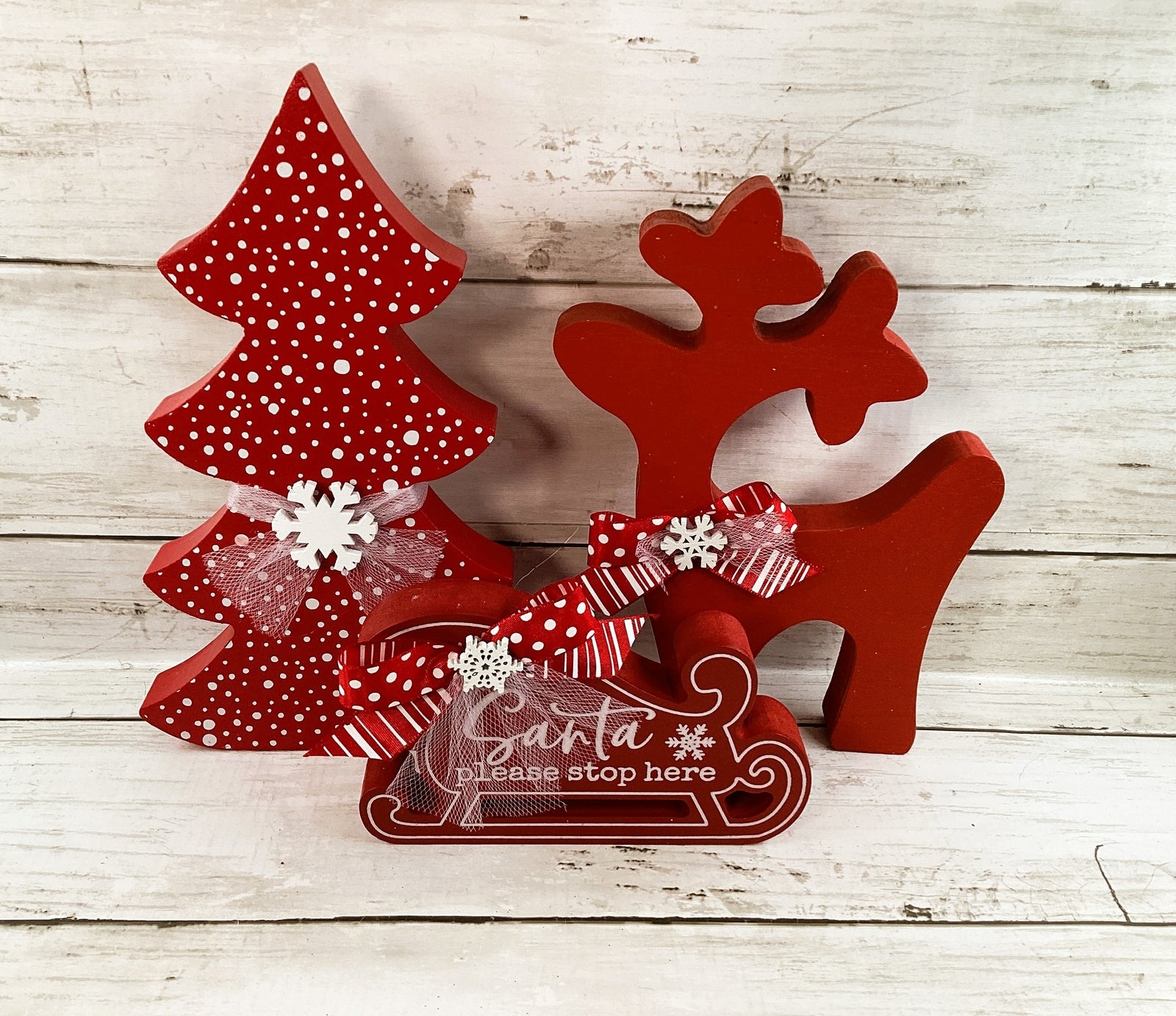 AGD Christmas Decor - Red White Tree Santa Sled Reindeer 3pc