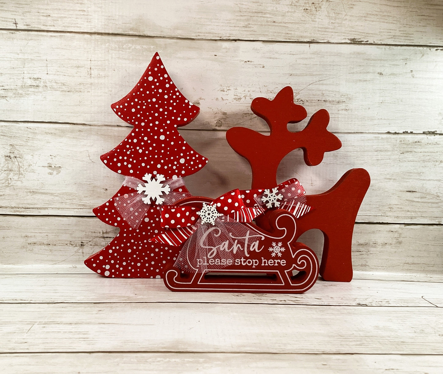 AGD Christmas Decor - Red White Tree Santa Sled Reindeer 3pc