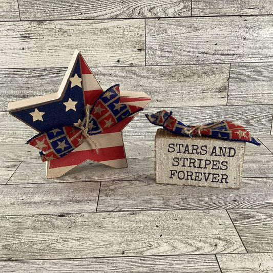 AGD Patriotic Decor - Stars Stripes Block Sign Chunky Wood Star Sitters 2pc Set