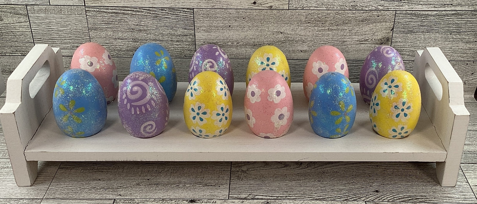 AGD Easter Decor - Spring Theme Wood Eggs with White 12-Egg Holder Stand