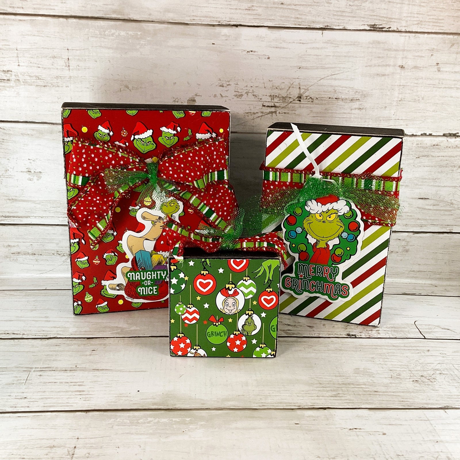 AGD Christmas Decor - Whimsy Green Monster Wood Gift Box Signs 2pc