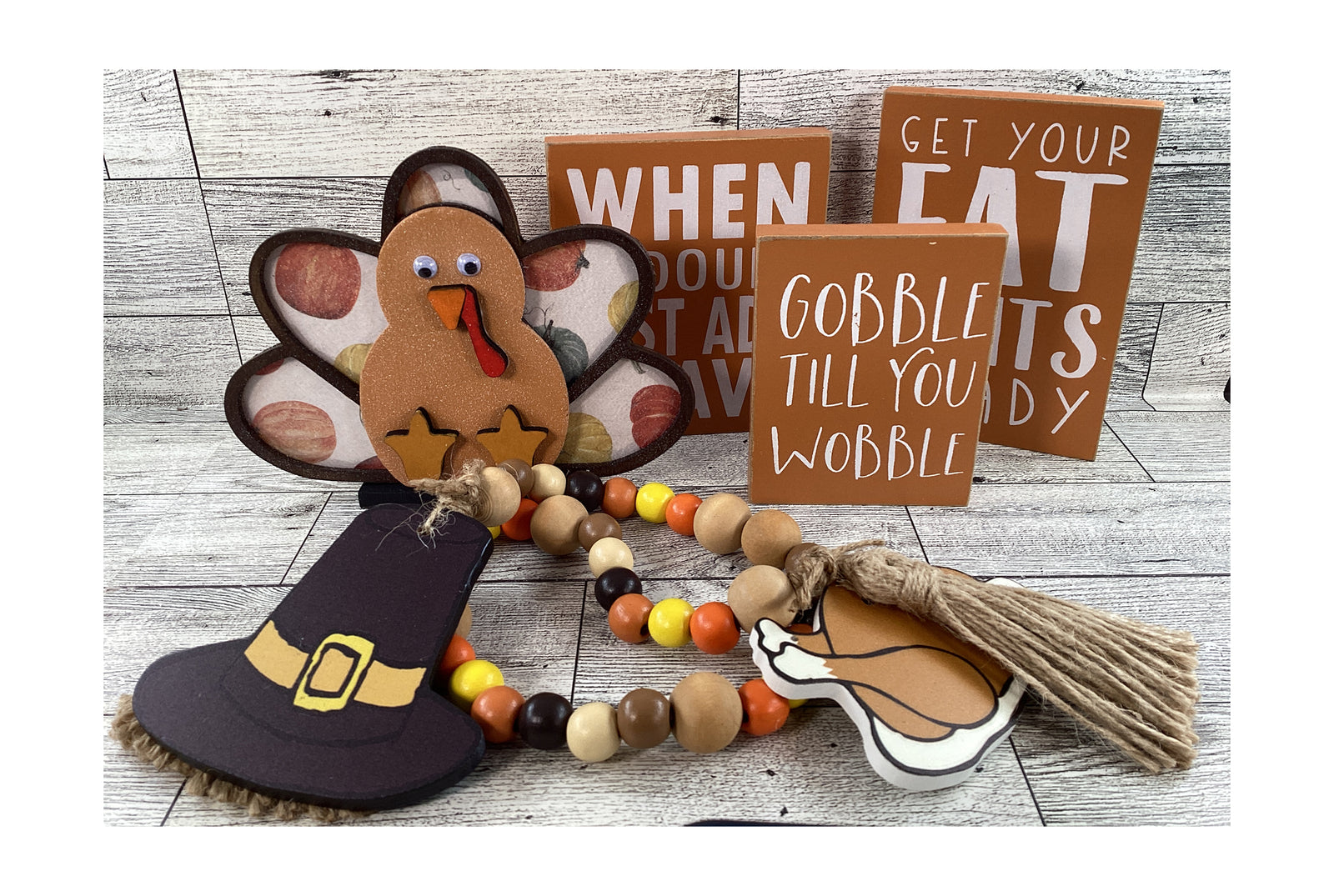 AGD Fall Decor - Wood Turkey Gobble Fat Pants Gravy Pilgrim Garland Tier Tray