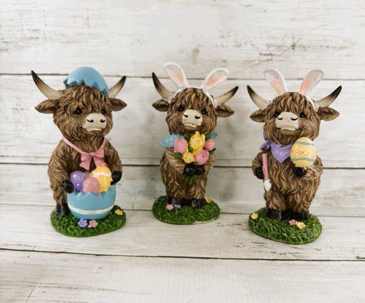 Gerson Easter Decor - Bunny Rabbit Eggs Resin Highland Cow Figurine 3pc