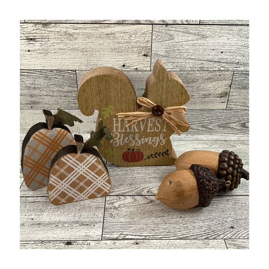AGD Fall Decor - Chunky Wood Harvest Squirrel Pumpkins Resin Acorns 5pc
