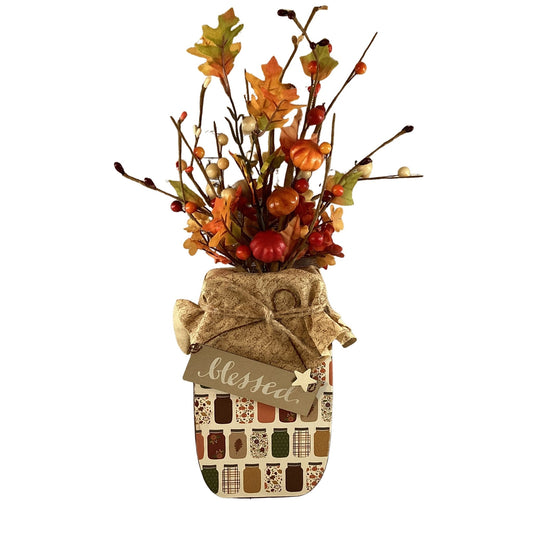 AGD Fall Decor - Autumn Blessed Grateful Floral Wood Mason Jar Display