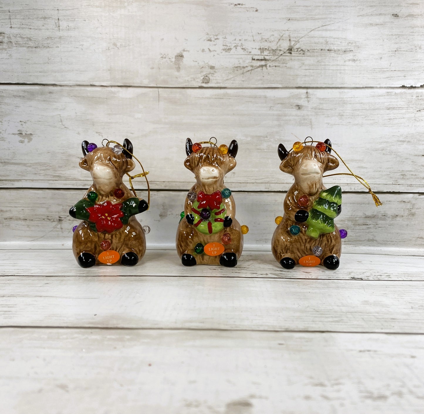 CWI Christmas Decor - Ceramic Lighted Highland Cow Figurines 3pc Set