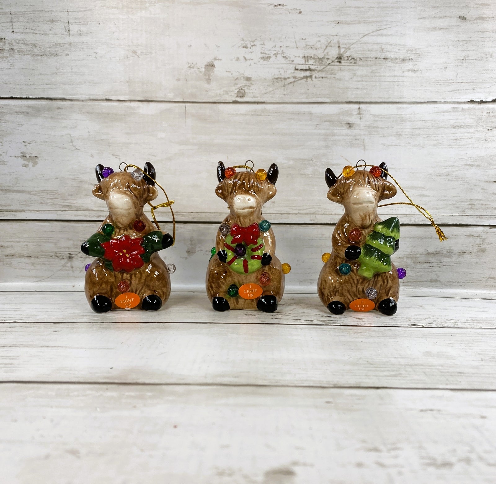 CWI Christmas Decor - Ceramic Lighted Highland Cow Figurines 3pc Set