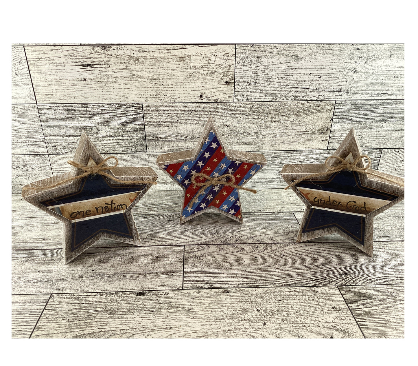 AGD Patriotic Decor - One Nation Under God Weathered Prim Stars Tier Tray 3pc