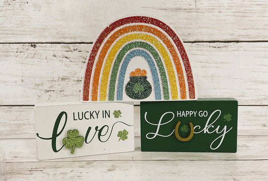 HL St Patrick's Decor - Lucky Love Rainbow Wood Mini Block Signs 3pc Set