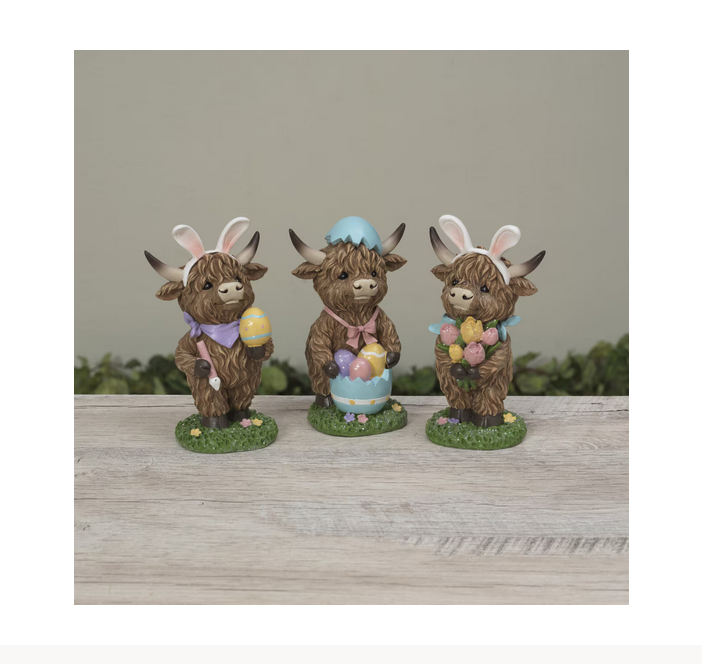 Gerson Easter Decor - Bunny Rabbit Eggs Resin Highland Cow Figurine 3pc