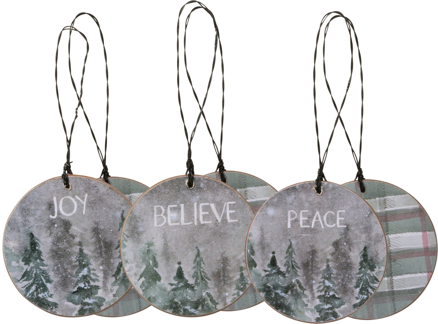 PBK Christmas Decor - Peace Joy Believe Pine Tree Ornaments 3pc
