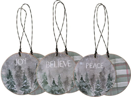 PBK Christmas Decor - Peace Joy Believe Pine Tree Ornaments 3pc