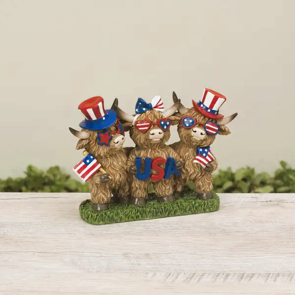 Patriotic Decor - July 4th Resin Highland Cow Trio Figurines w/Bonus Sign