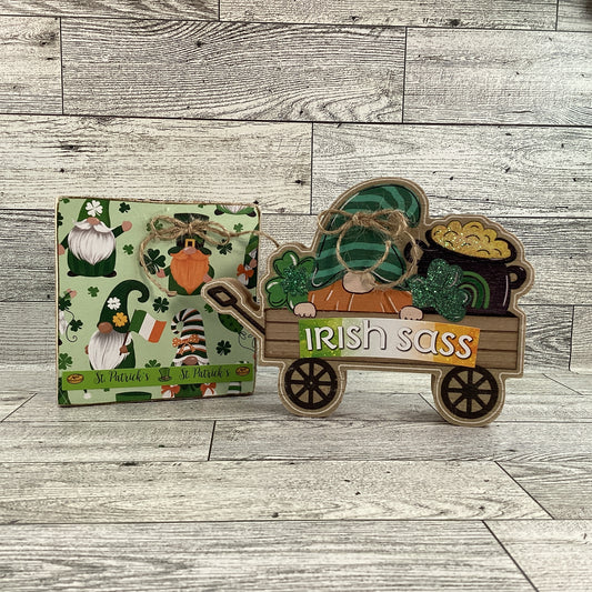 AGD St Patrick's Decor - Irish Sass Gnome Chunky Wagon Sign 2pc Set