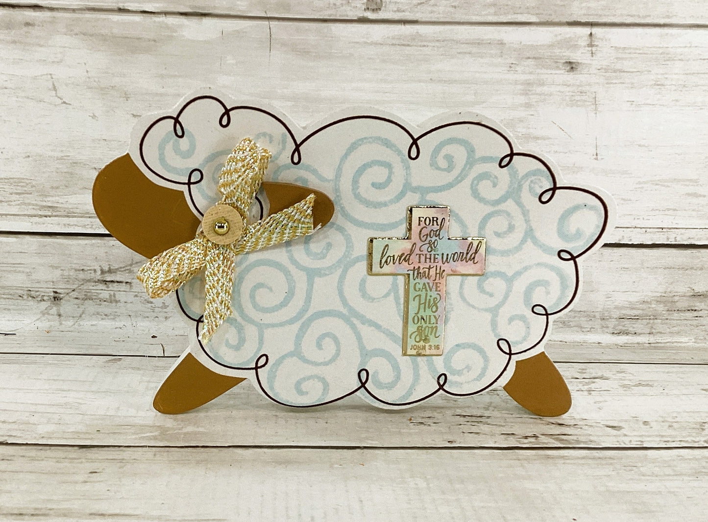 AGD Easter Decor - Chunky Wood Blue White Lamb Sheep John 3:16