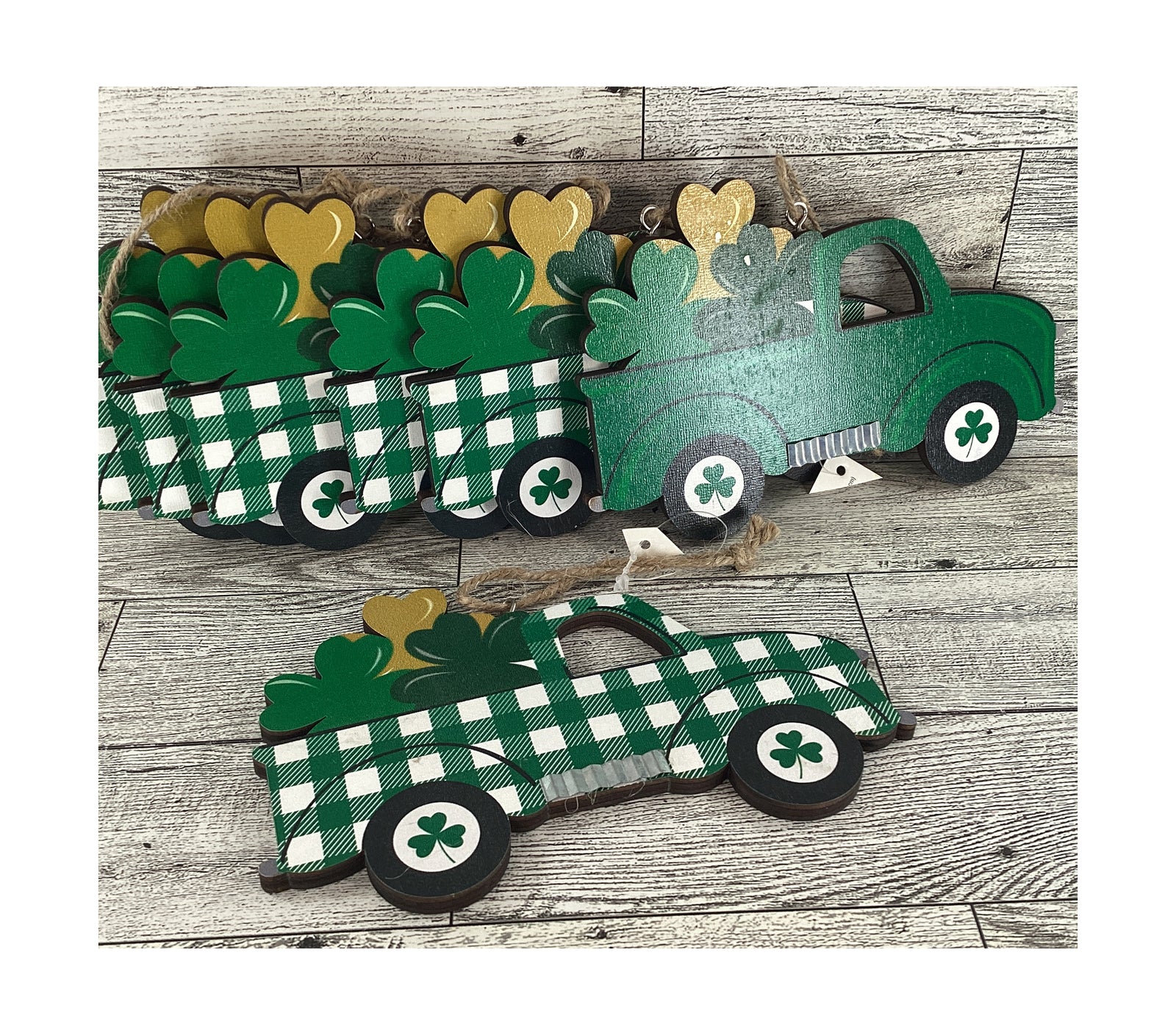 HL St Patrick's Craft Supplies - Wood Shamrock Truck Ornament 7pc Set