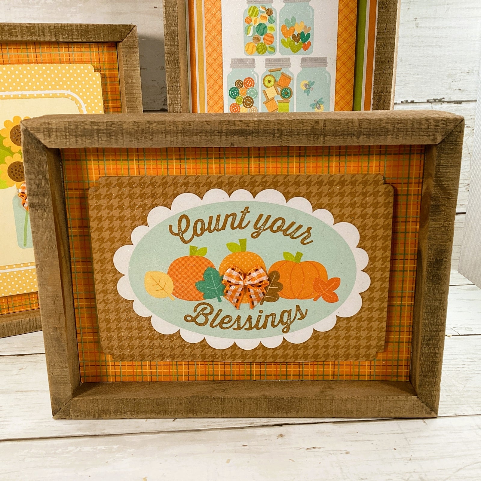 AGD Fall Decor - Count Your Blessings Sunflower Mason Jar inset Sign 3pc Set