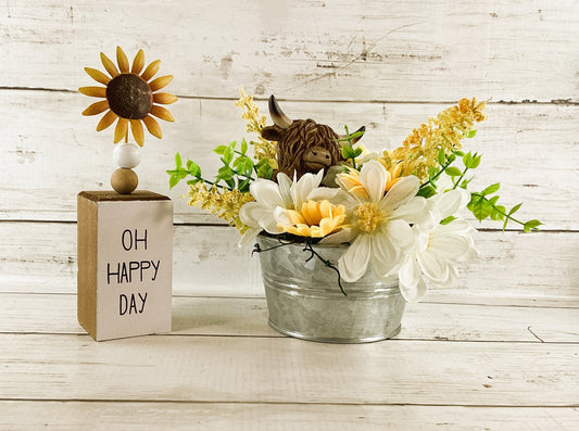 AGD Spring Decor -Oh Happy Day Daisy Sunflower Highland Cow 2pc Set