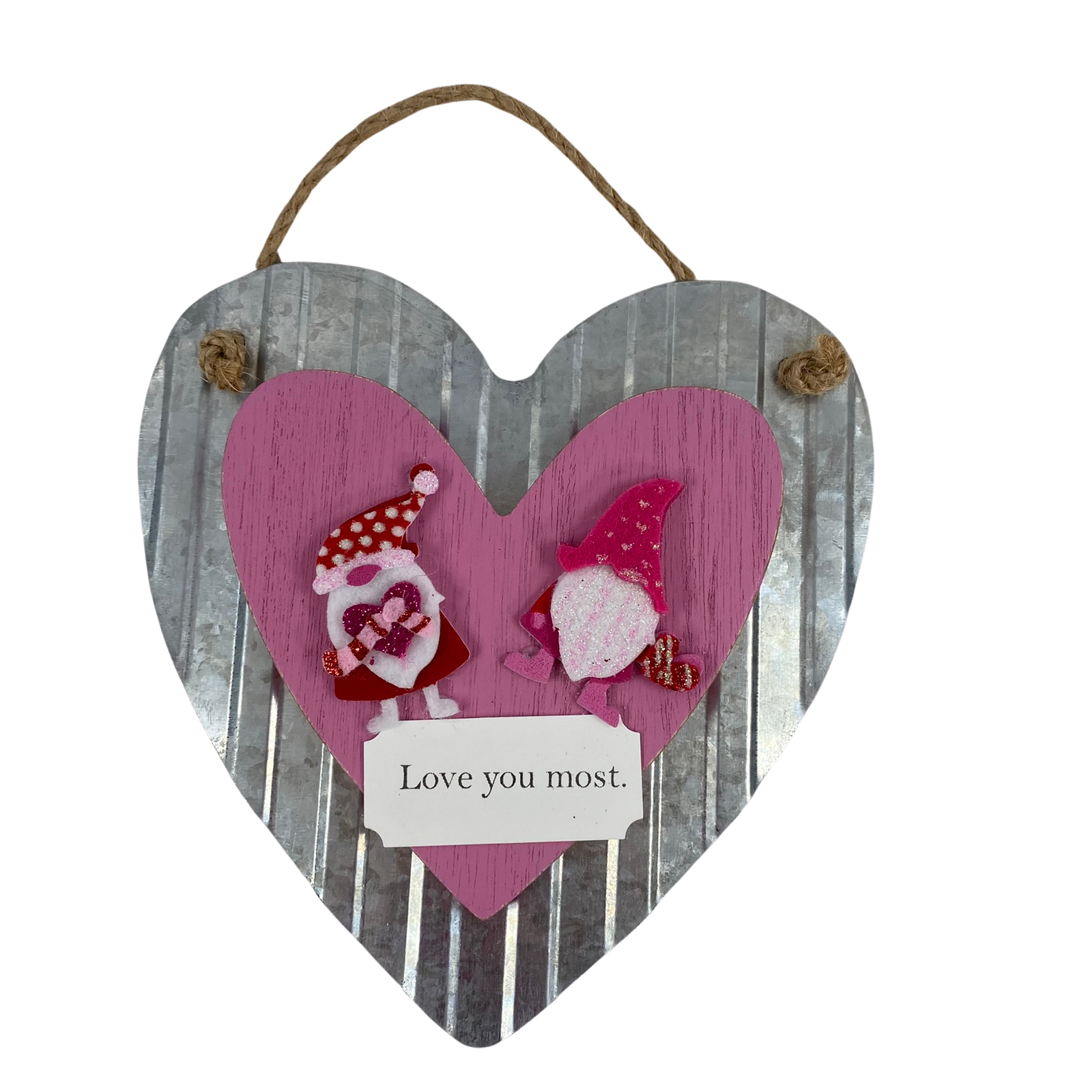 AGD Valentines Decor - Love You Most Gnome Tin Wood Heart Ornament