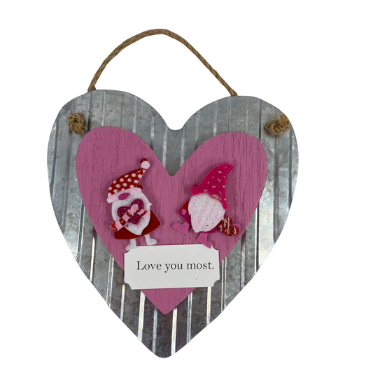 AGD Valentines Decor - Love You Most Gnome Tin Wood Heart Ornament