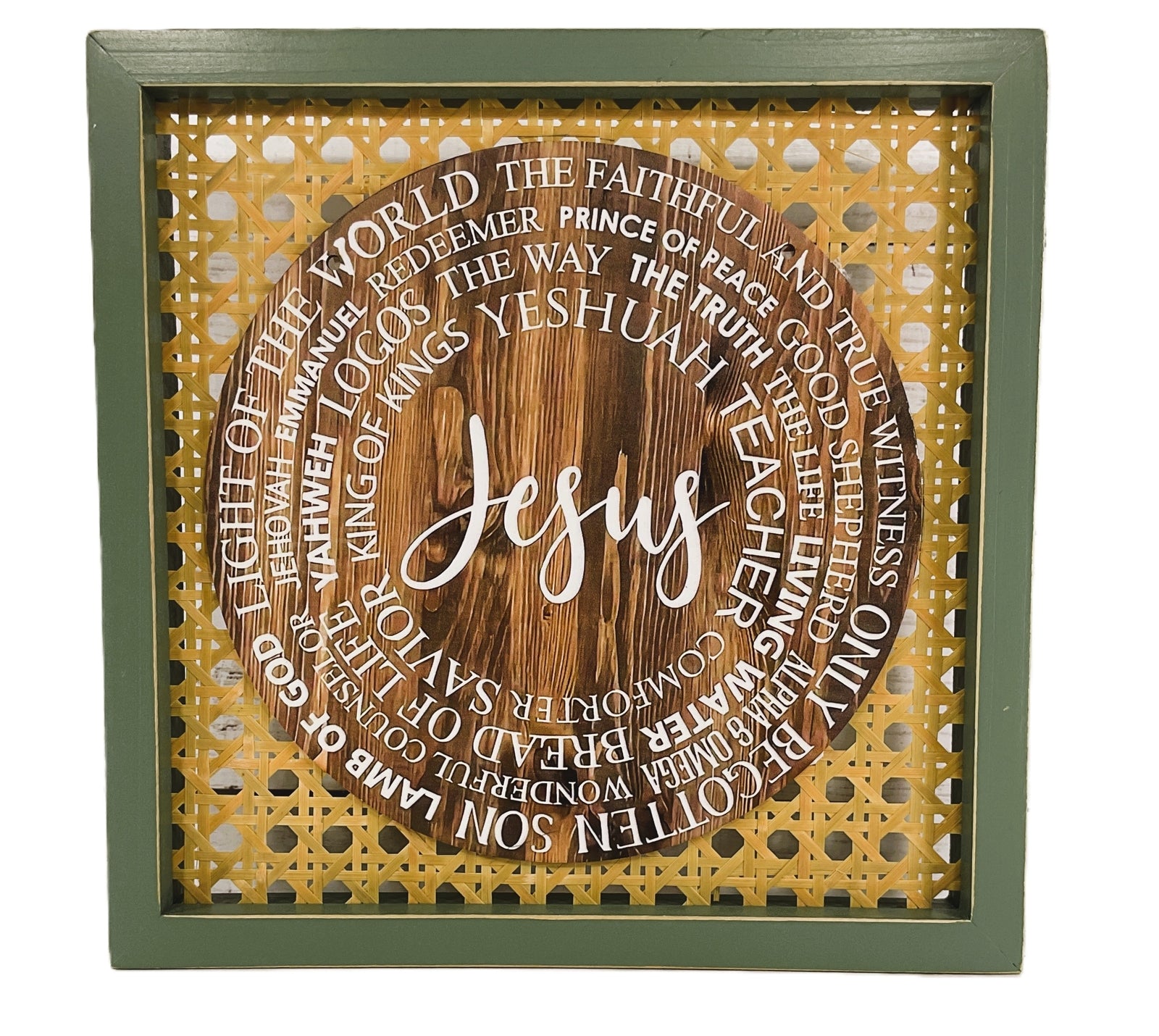 AGD Home Decor - Inspirational Name of Jesus Wood Rattan Sitter Sign