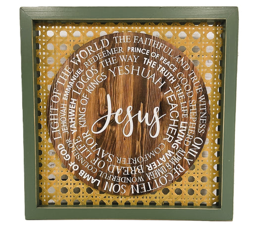 AGD Home Decor - Inspirational Name of Jesus Wood Rattan Sitter Sign
