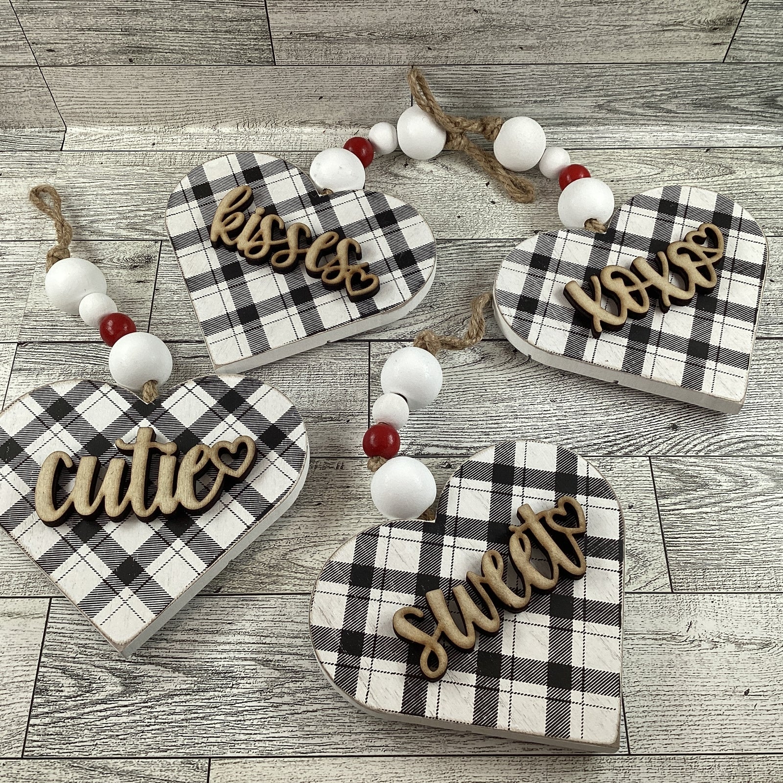 AGD Valentines Decor - Buffalo Plaid Layer Wood Ornaments 4pc Set