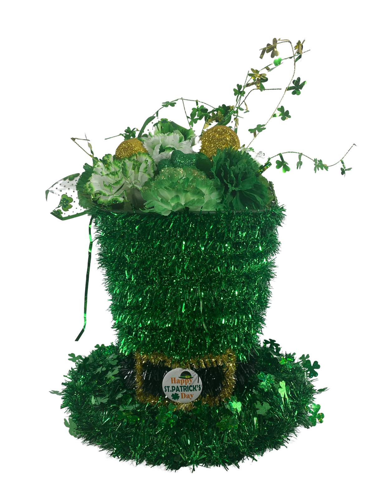AGD St Patrick's Decor - Large Green Lighted Tinsel Tophat Centerpiece