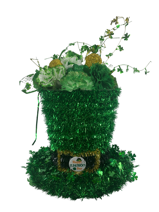 AGD St Patrick's Decor - Large Green Lighted Tinsel Tophat Centerpiece