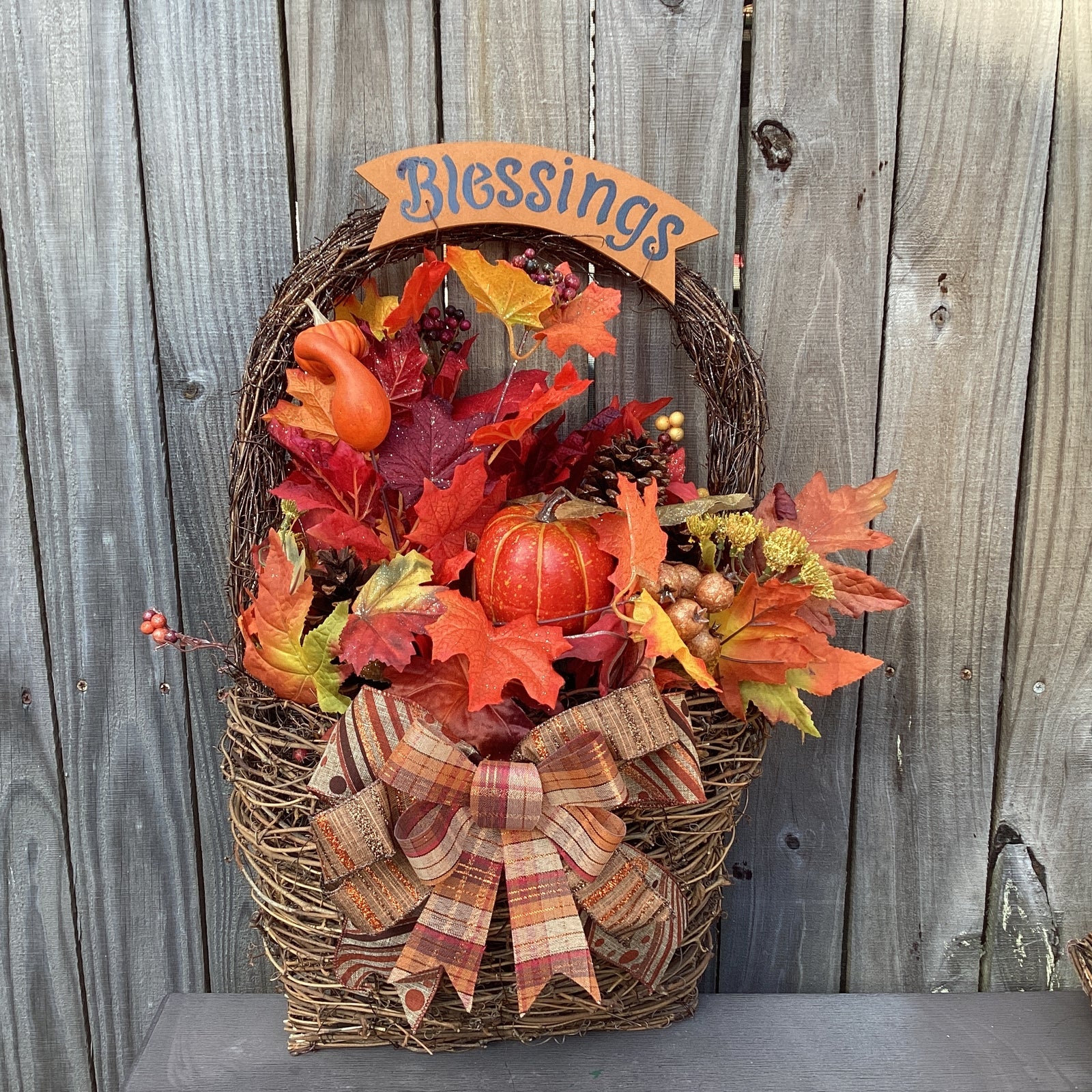 AGD Fall Decor - Large Blessings Grapevine Basket Harvest Floral Wreath