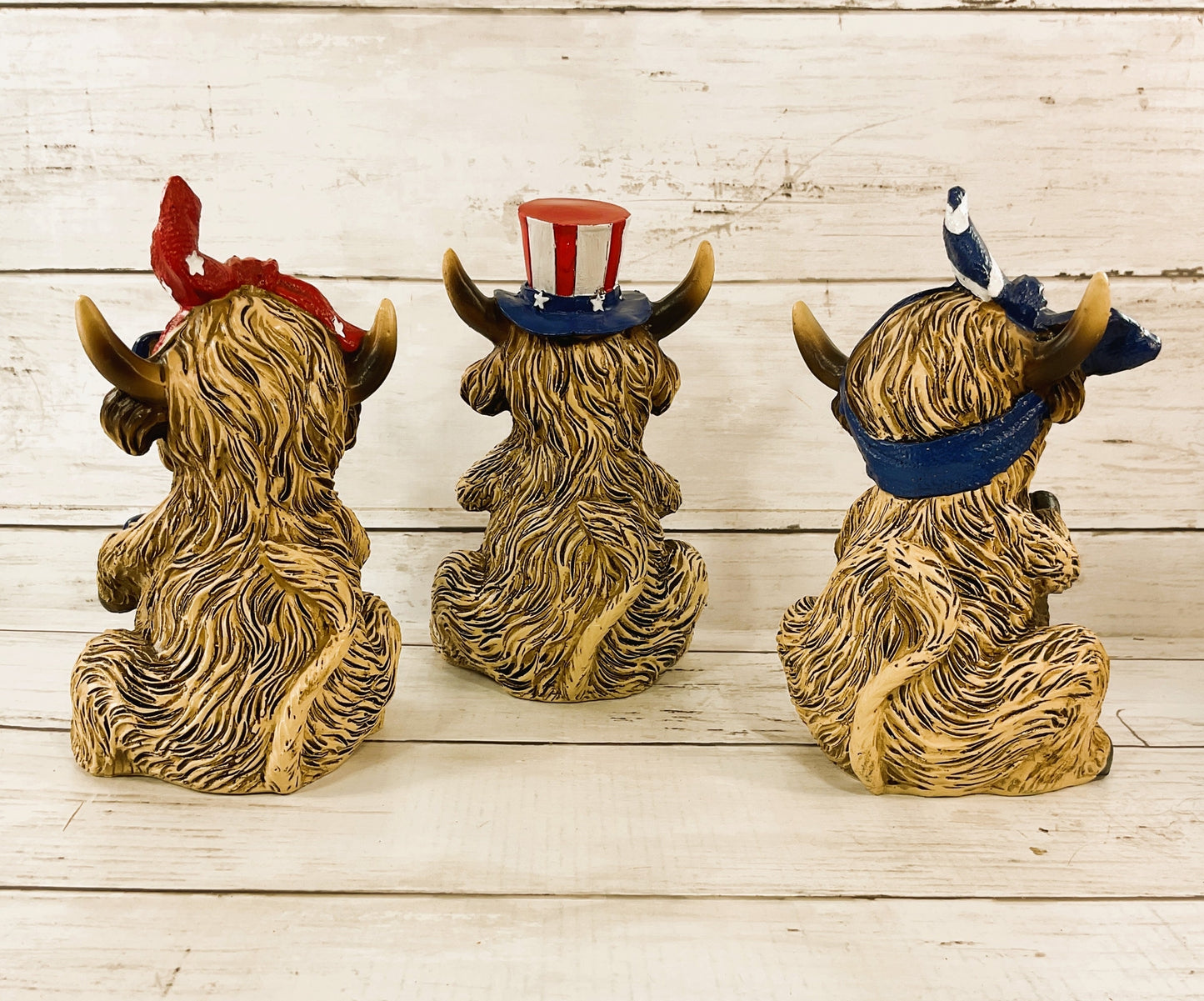 Patriotic Decor - July 4th Resin Highland Cow Lg Figurines 3pc Bonus Sign