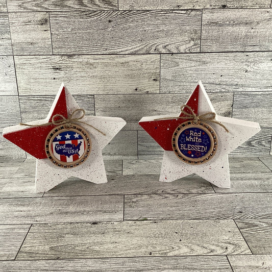 AGD Patriotic Decor - Red White God Bless Star Chunky Wood Sitter 2pc Set