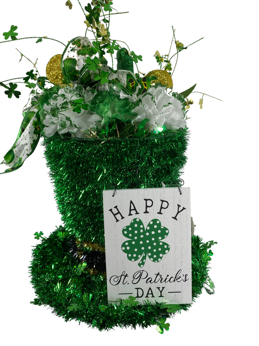 AGD St Patrick's Decor - Large Green Lighted Tinsel Tophat Centerpiece