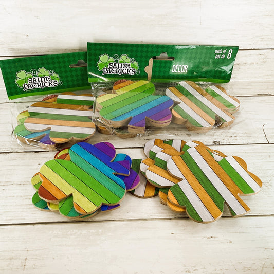 DT St Patrick's Craft Supplies - Wood Rainbow Green Stripe Shamrocks 24pc