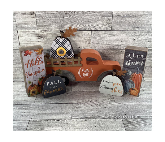 AGD Fall Decor - Resin Pumpkins Block Signs Mini Sunflowers Tier Tray 6pc