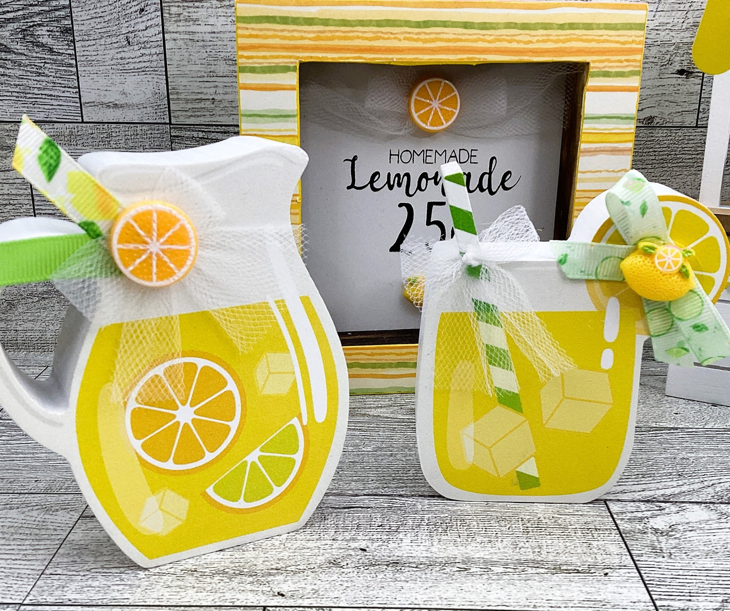Summer Decor Lemon Lemonade Booth, Stand. Pitcher, Glass Tier Tray 5pc S