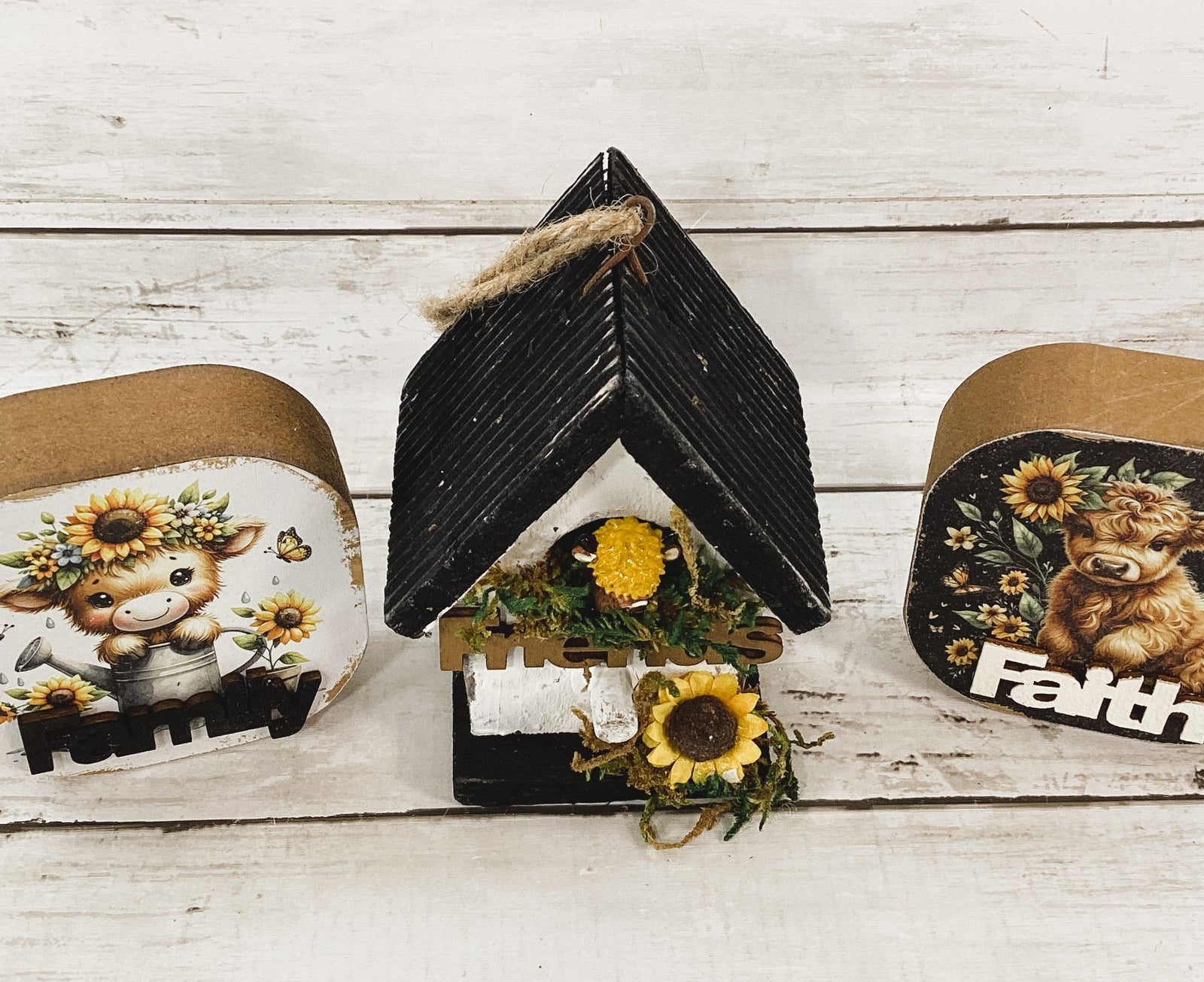 AGD Spring Decor - Sunflower Bird House Highland Cow Tier Tray 3pc