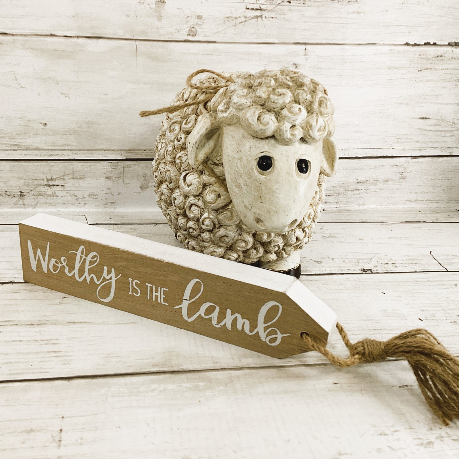 Easter Decor - Resin Curly Sheep Worth is the Lamb Sign 2pc Set