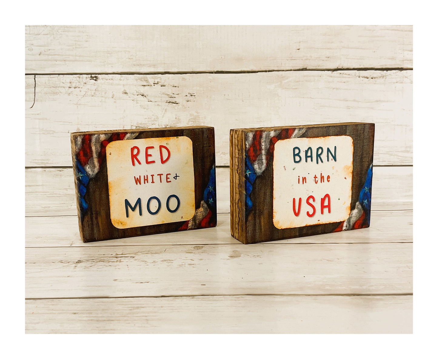AGD Patriotic Decor- Highland Cow Barn Wood Block Small Signs 2pc