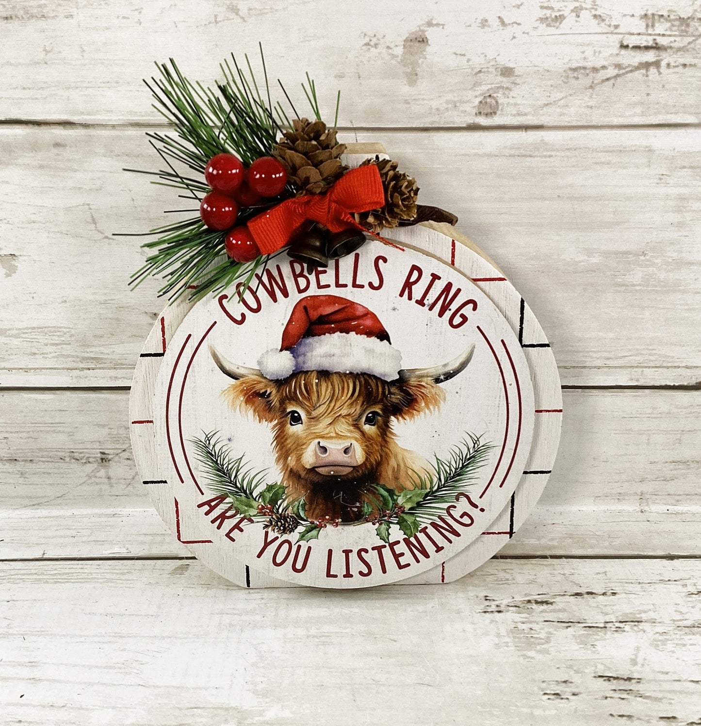 AGD Christmas Decor -  Highland Cow Bells Chunky Wood Bulb Sitter