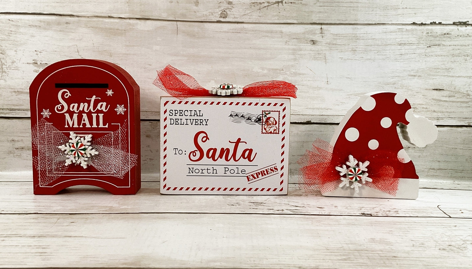 AGD Christmas Decor - Red White Mail Box North Pole Letter Santa Hat 3pc