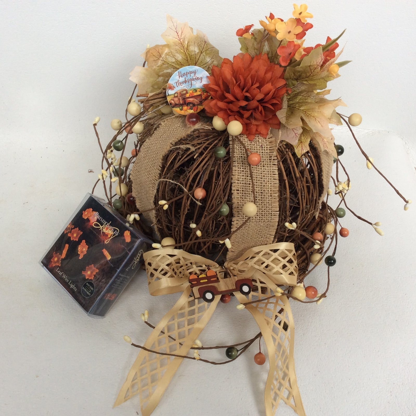 AGD Fall Decor- Happy Thanksgiving Floral Grapevine Pumpkin Display